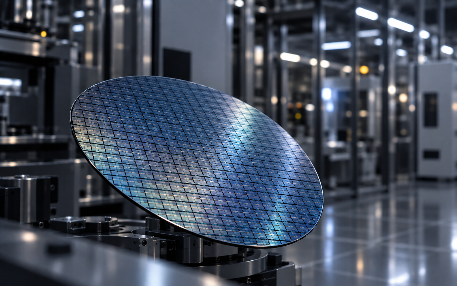 Gros plan sur une plaquette de silicium de 300 mm présentant une grille de dies, dans un environnement de fabrication de semi-conducteurs.