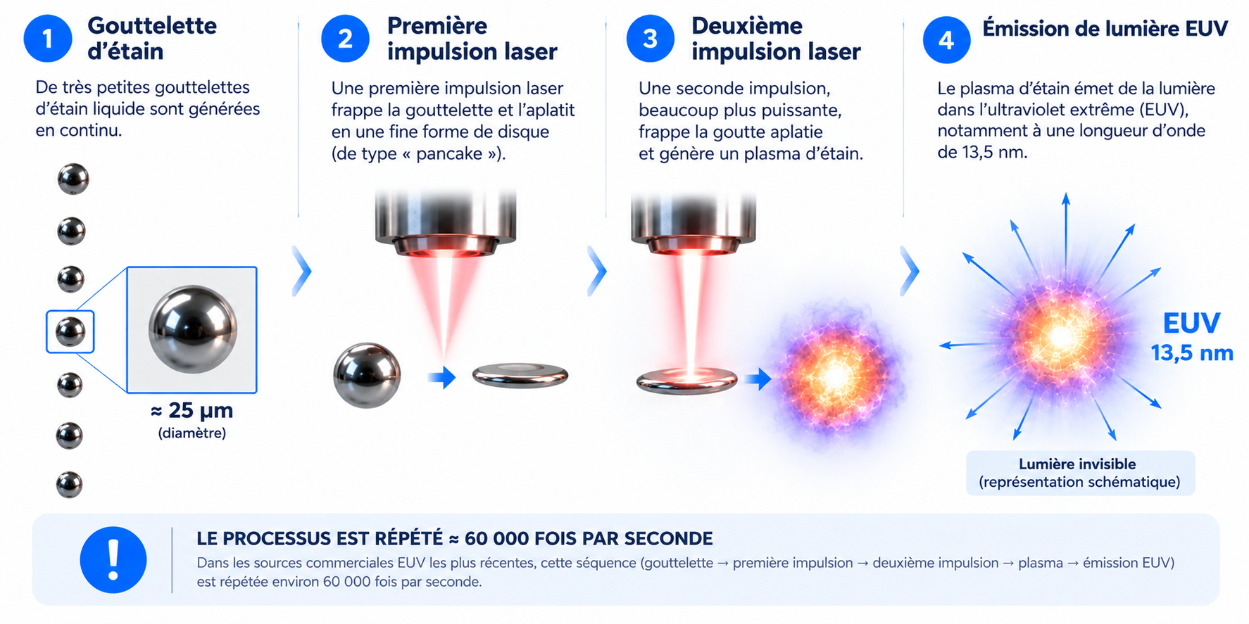 Schéma de production de lumière EUV à partir de gouttelettes d’étain et d’impulsions laser