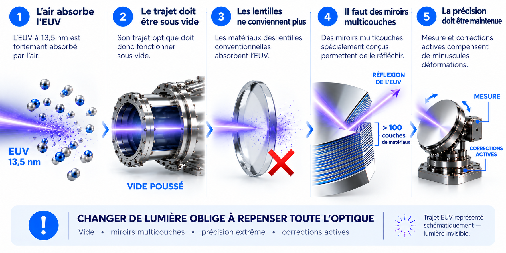 Schéma des contraintes optiques de la lithographie EUV : vide, miroirs multicouches et corrections actives