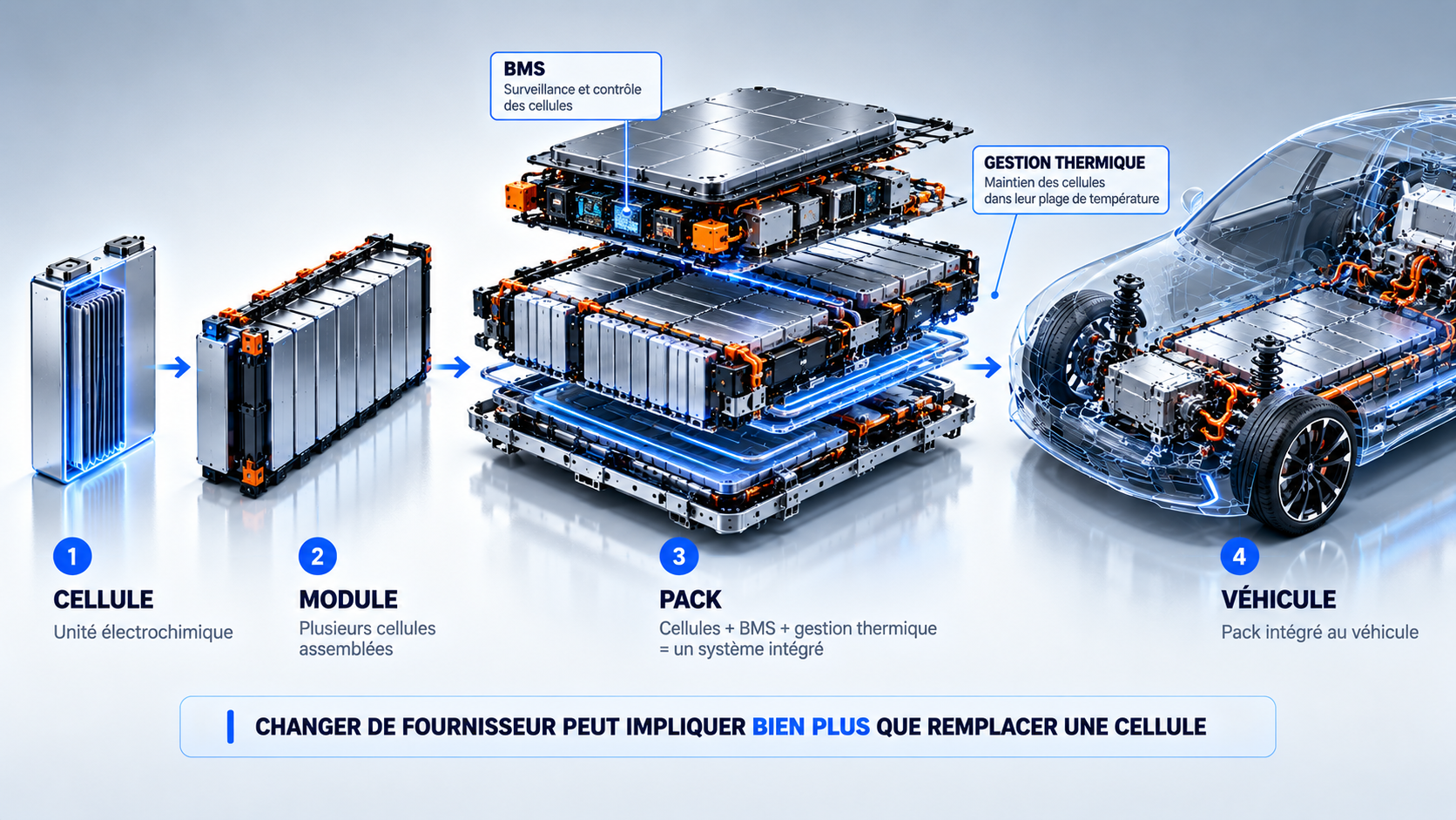 De la cellule au véhicule : cellule, module, pack et intégration automobile