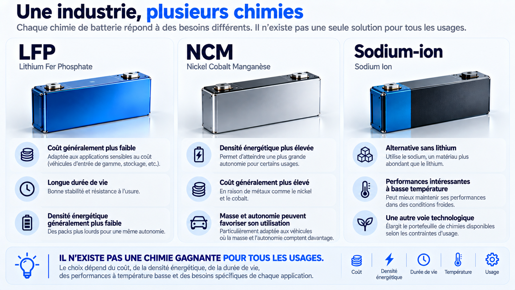 Comparaison des chimies de batteries LFP, NCM et sodium-ion