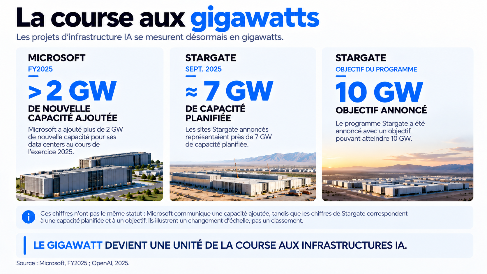 Capacités en gigawatts annoncées pour les infrastructures de data centers de Microsoft et Stargate