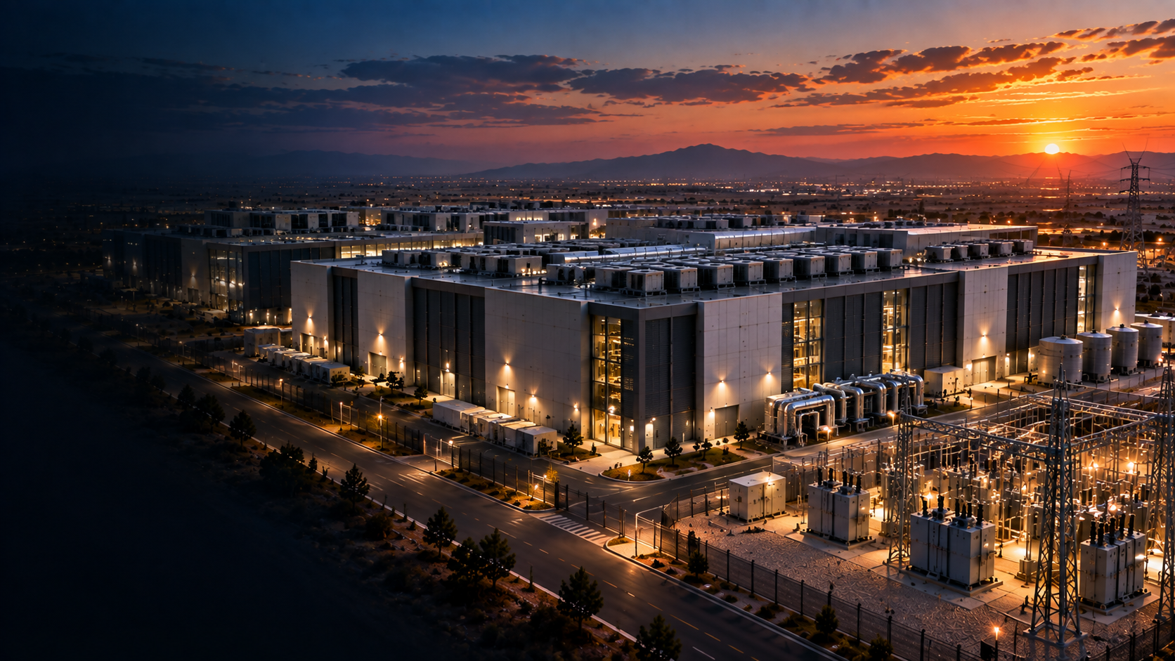 Campus de data centers et infrastructure électrique au crépuscule