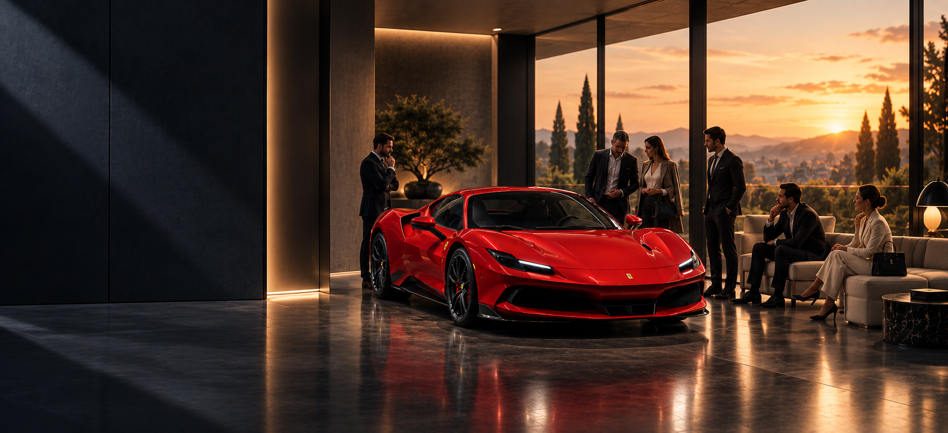 Ferrari rouge présentée à plusieurs clients potentiels dans un environnement exclusif