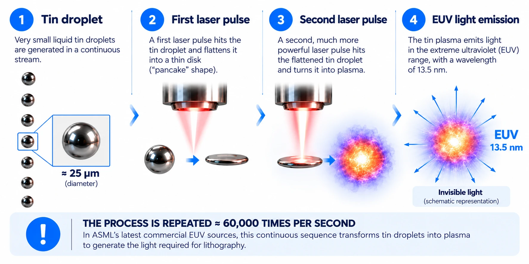 Four-step EUV light generation: tin droplet, first laser pulse, second laser pulse and EUV emission at 13.5 nm.
