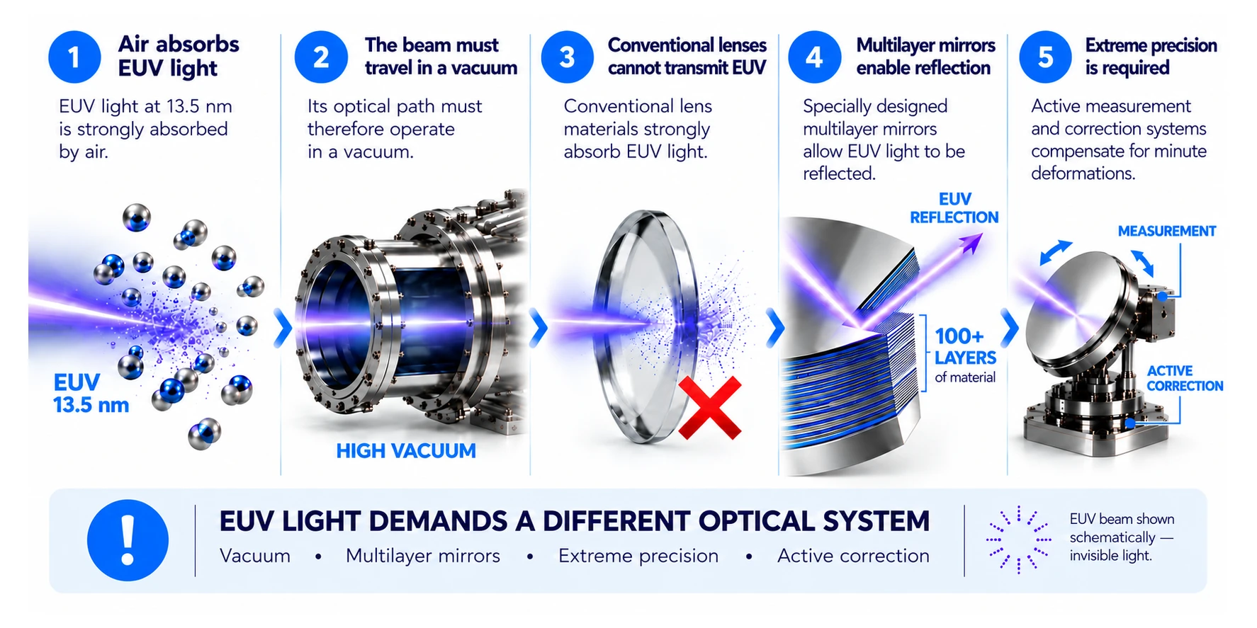 EUV optical constraints: absorption by air, high vacuum, unsuitable lenses, multilayer mirrors and active correction.