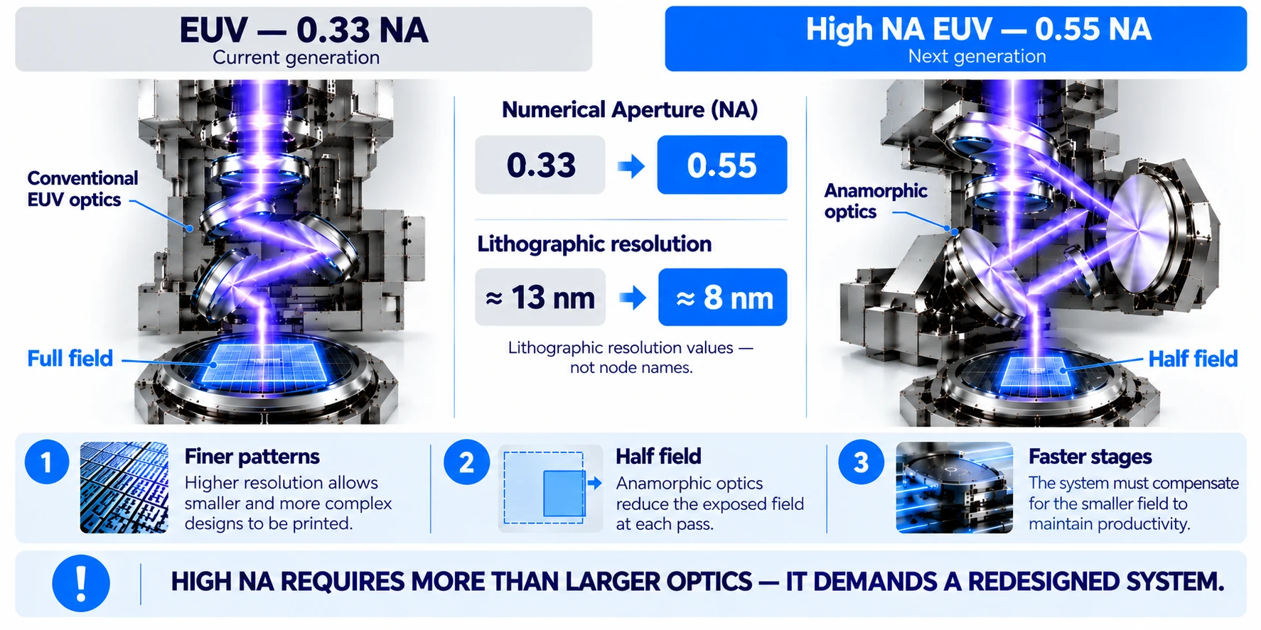 Comparison of EUV at 0.33 NA and High NA EUV at 0.55 NA, with anamorphic optics, half field and faster stages.