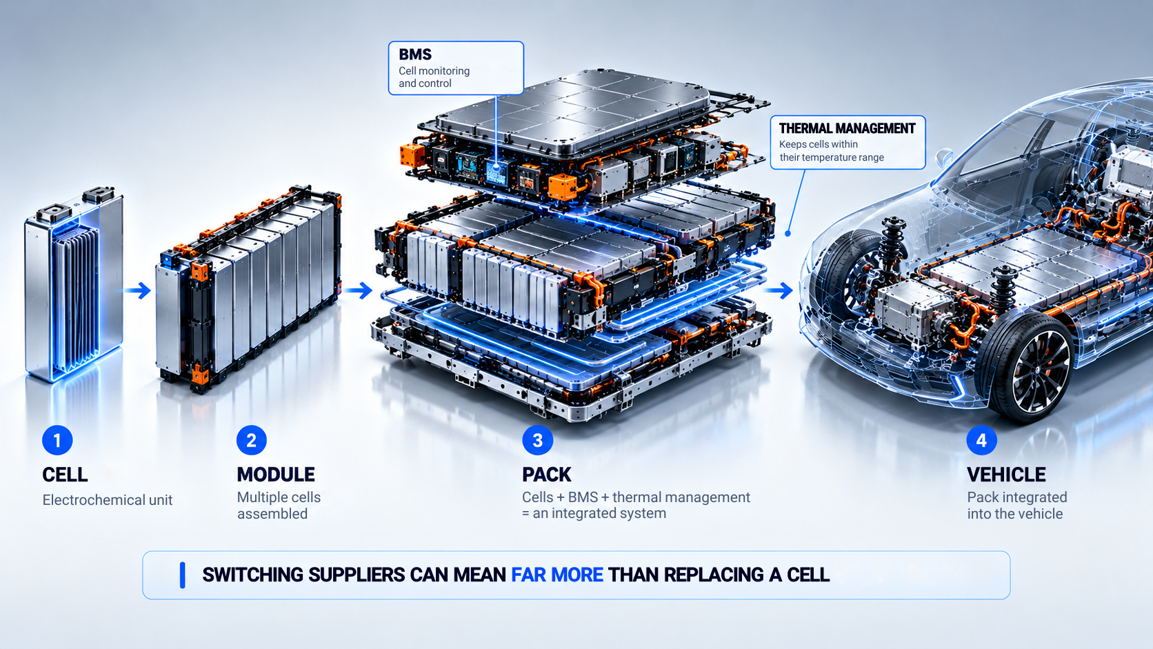 From cell to vehicle: cell, module, pack and vehicle integration