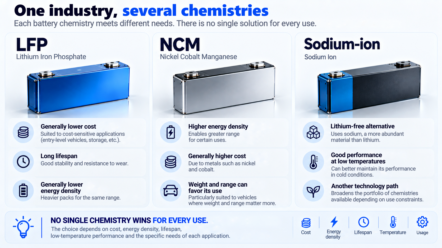 Comparison of LFP, NCM and sodium-ion battery chemistries