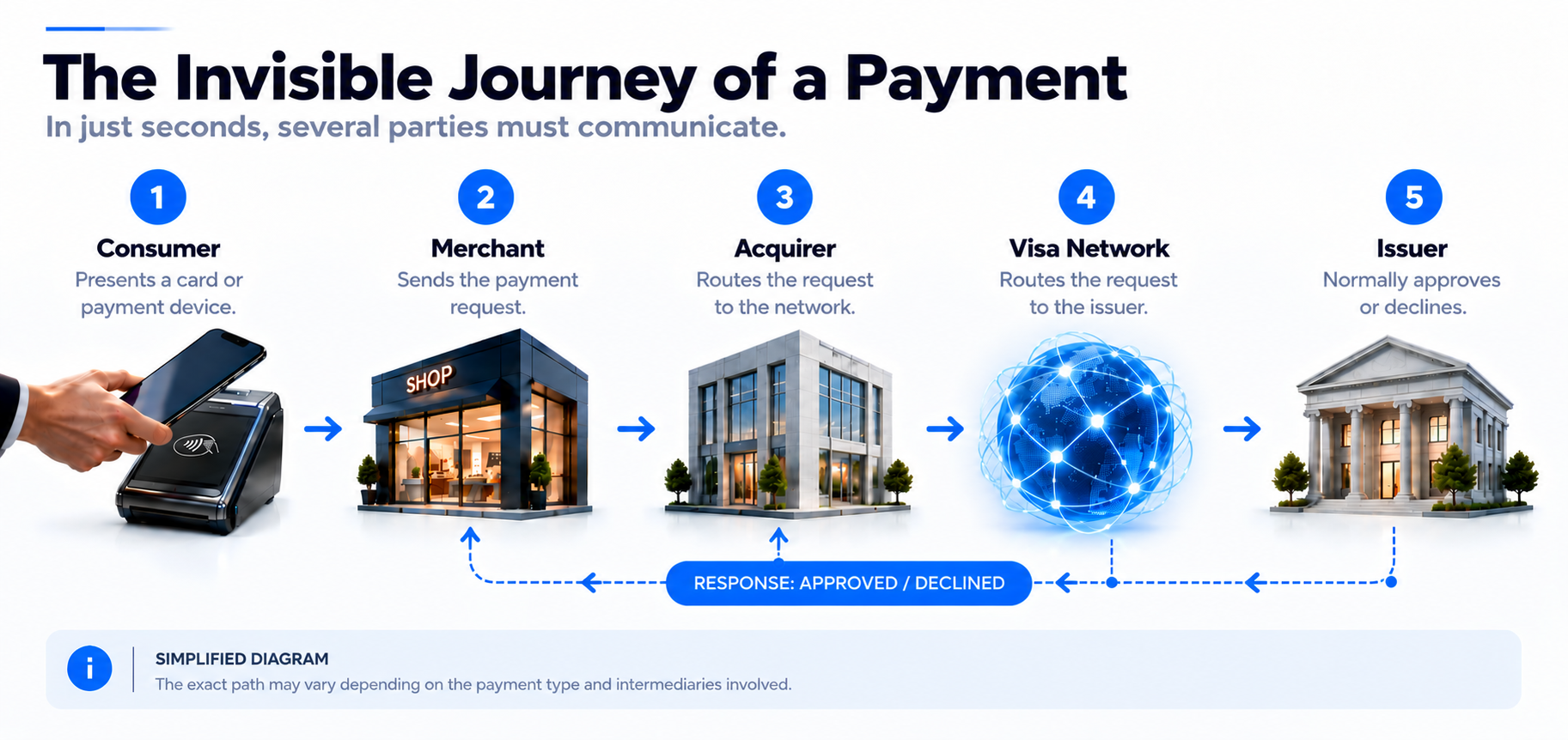 Simplified path of a card transaction between the consumer, merchant, acquirer, Visa network and issuer
