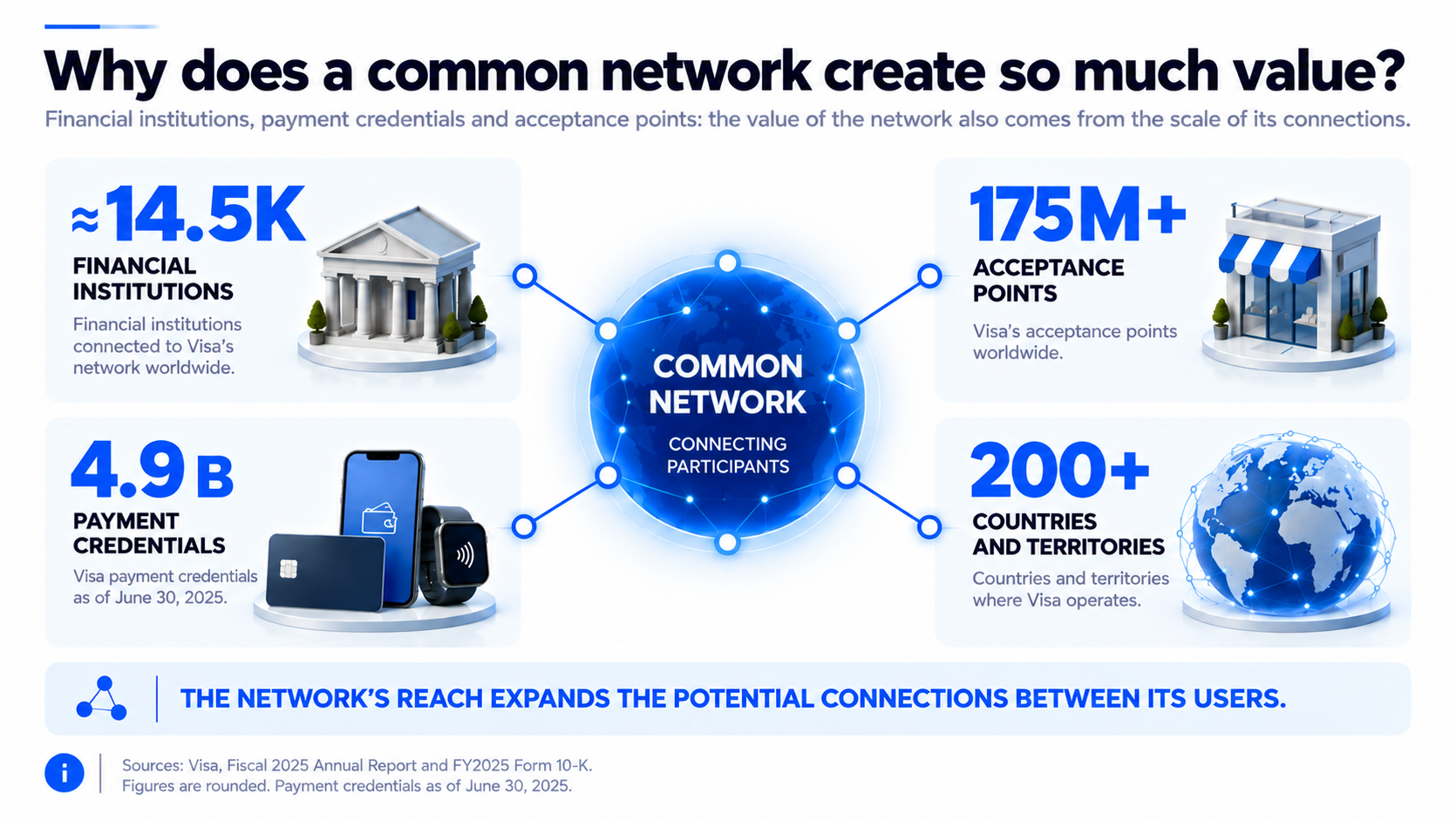 Reach of the Visa network connecting financial institutions, payment credentials, merchant locations and countries